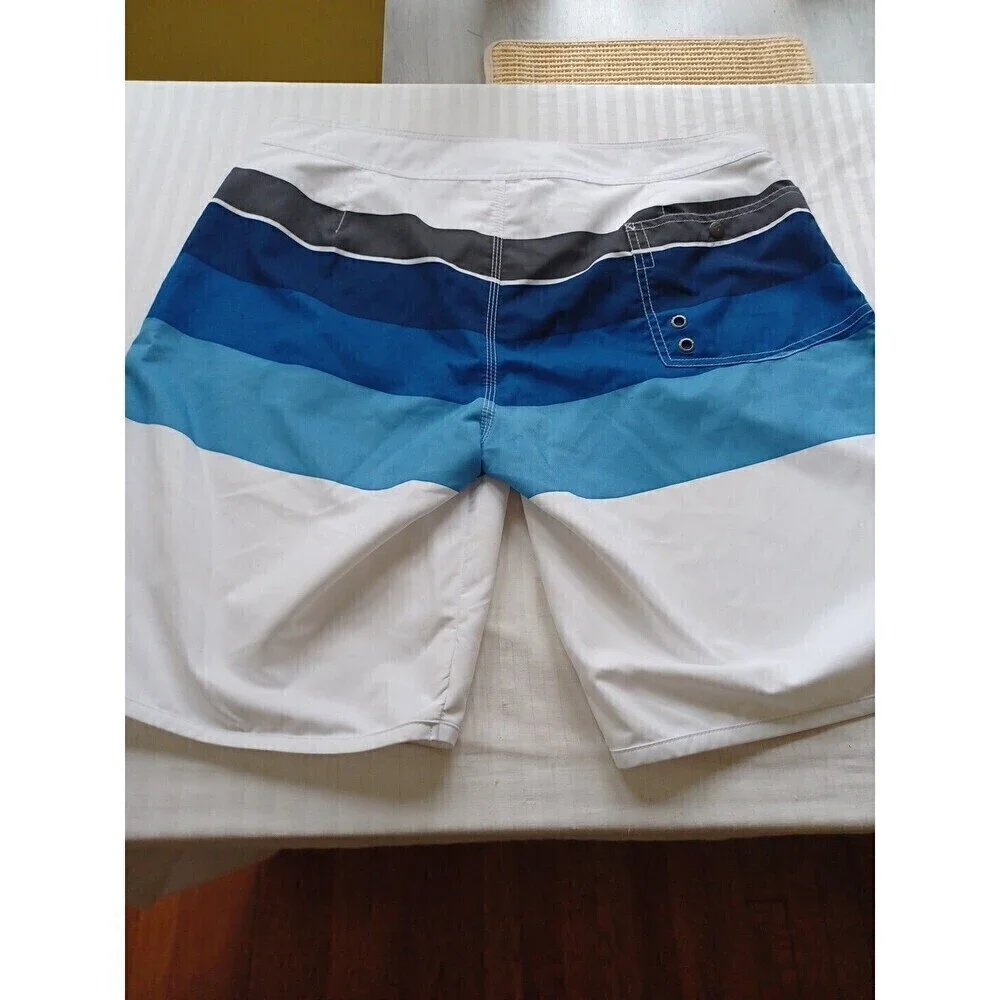 Old Navy mens swim trunks L white blue striped lace-up pockets board shorts flaw